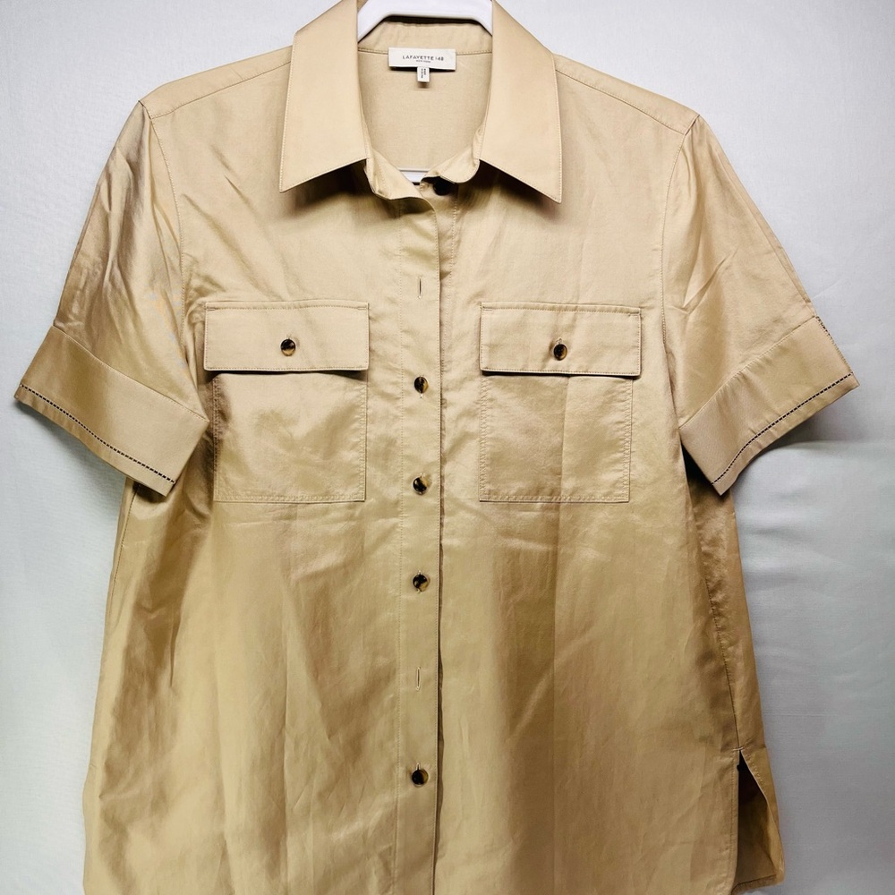 Lafayette 148 Beacon short sleeve cotton and silk Button-Up‎ Shirt